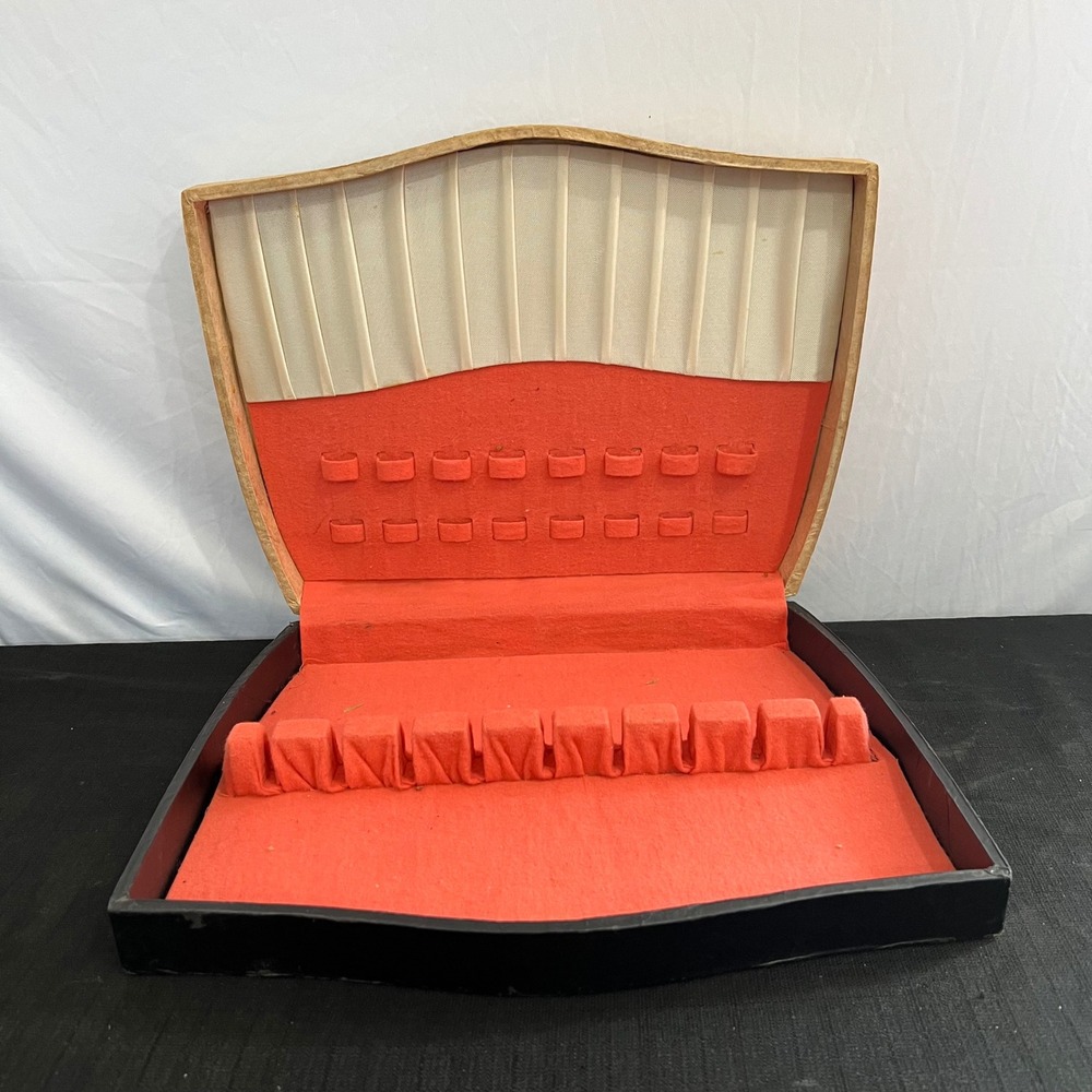 Vintage Mid Century Modern Flatware Chest coral Felt Lining Tan Black